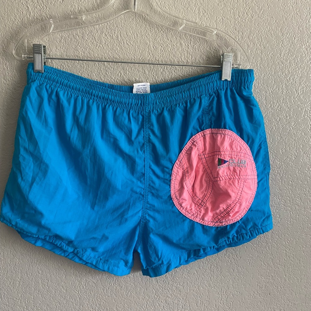 Vintage unisex Blue Swim Shorts with Pink Logo